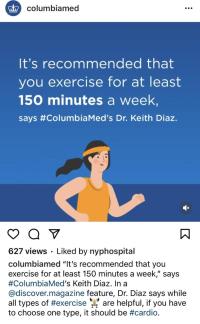 Screenshot of a post about exercise from Columbia Medicine's Instagram account